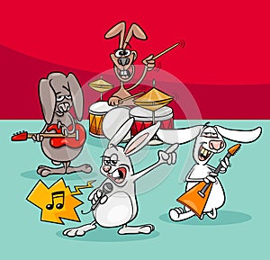 Rabbits rock musicians band cartoon illustration