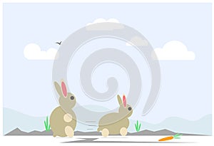 Rabbits running towards a carrot, playing outside. Vector illustration of pets.