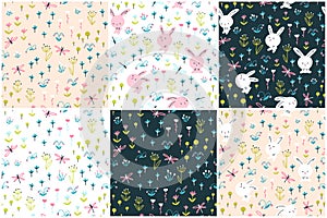 Rabbits seamless pattern set. Cute characters with flowers and dragonflies. Baby cartoon vector in simple hand-drawn