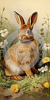 A rabbits sits in the springtime garden. Animal illustration