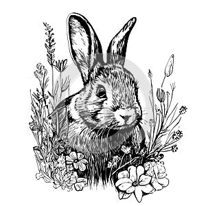 Rabbits sitting in flowers sketch