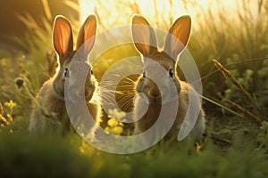 Rabbits sitting in the grass backlit by the sun, generative ai
