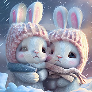 Rabbits in the snow fairytale