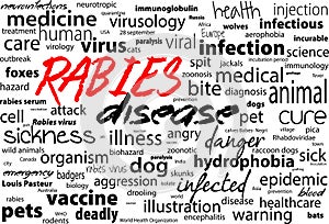 Rabies - viral incurable disease of humans and animals. Health care word text block. photo