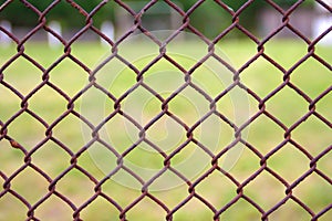 Rabitz netting texture background. Metal mesh fence on blurred green background.