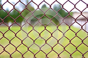 Rabitz netting texture background. Metal mesh fence on blurred green background.