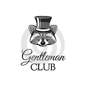 Raccon gentleman in top hat. Gentleman club text. Vector illustration. photo