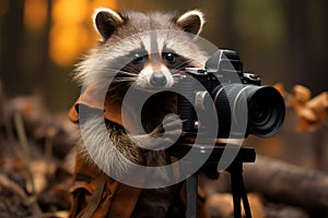 Raccoon artist with camera, blurred scenery a whimsical snapshot unfolds