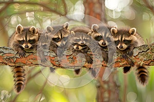 Raccoon Baby group of animals hanging out on a branch, cute, smiling, adorable Generative AI