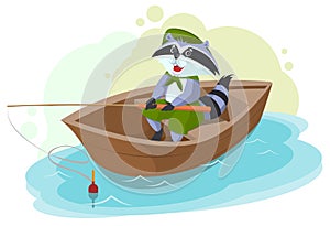 Raccoon in boat fishing. Scout fisherman