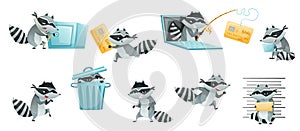 Raccoon Burglar with Striped Tail Wearing Mask Stealing and Hacking Vector Set