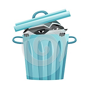 Raccoon Burglar Wearing Mask Hiding in Dustbin Peeping Out Vector Illustration