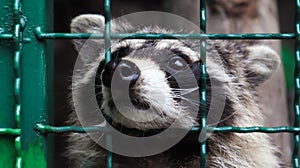 A raccoon in a cage in a zoo is scanning the grill. Portrait of a raccoon looking at the camera without touching the eyes. genus