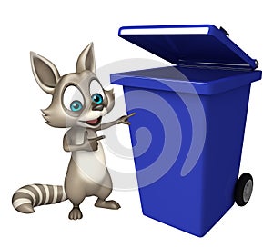 Raccoon cartoon character with dustbin