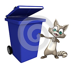 Raccoon cartoon character with dustbin