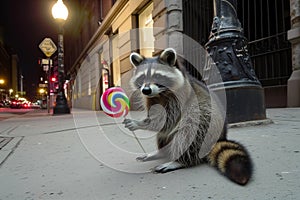 a raccoon on a city sidewalk holding a striped lollipop under a streetlamp