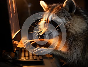 Raccoon at computer adjusting camera settings