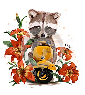 Raccoon cub rides a moped and lily flowers