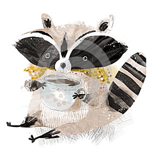 Raccoon with a cup of tea