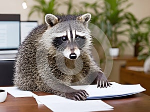 Raccoon diligently doing paper work at office desk