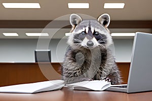 Raccoon diligently doing paper work at office desk