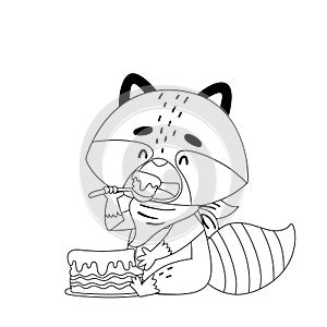 A raccoon eats a piece of cake with a spoon on the floor. He has a napkin around his neck