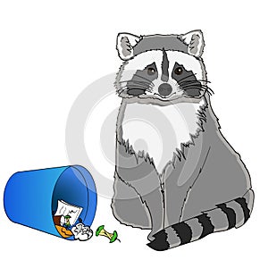 Raccoon eats from the trash. A garbage can of street thief and homeless. Object on white background vector