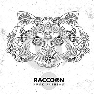 Raccoon face silhouette with gears. Punk style.