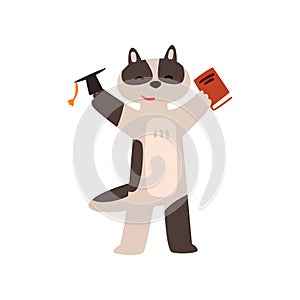 Raccoon graduate student, cute animal cartoon character, school education and knowledge concept vector Illustration on a