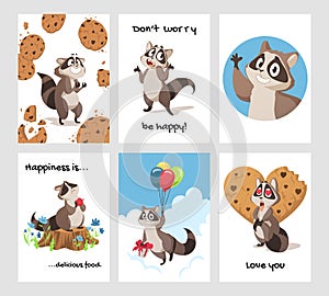 Raccoon greeting card. Cartoon hand drawn poster with curious woodland animal with paws and tail. Funny character