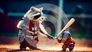 Raccoon holding baseball bat next to little boy on field. Generative AI