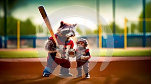 Raccoon holding baseball bat standing next to little boy. Generative AI