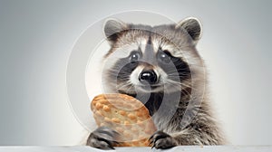 Raccoon Holding Cookie. On light background. With copy space. Cute animal. Perfect for comedic content or illustrating