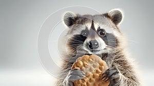 Raccoon Holding Cookie. On light background. With copy space. Cute animal. Suitable for comedic content or illustrating
