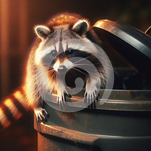 Raccoon leans out of garbage can after rummaging for food