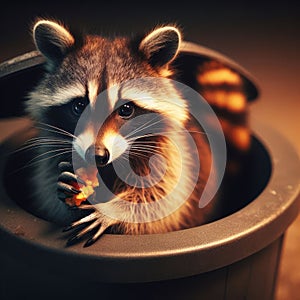 Raccoon leans out of garbage can after rummaging for food