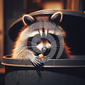 Raccoon leans out of garbage can after rummaging for food