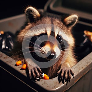 Raccoon leans out of garbage can after rummaging for food