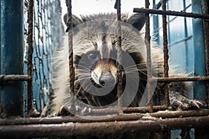 Raccoon locked in cage. Skinny lonely animal in cramped jail behind bars with sad look. Ideal for use in articles about