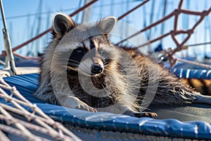 raccoon lounging on catamaran trampoline, sunny day