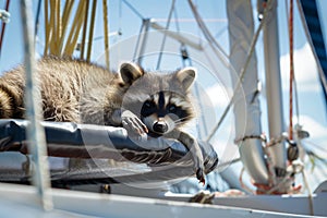 raccoon lounging on catamaran trampoline, sunny day