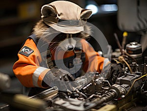 Raccoon mechanic fixing tiny car engine