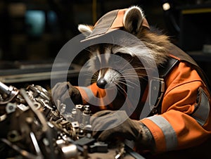 Raccoon mechanic fixing tiny car engine