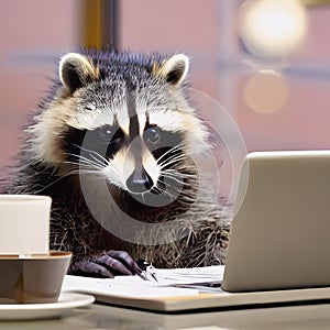 Raccoon in office environment, surrounded by precise filing system