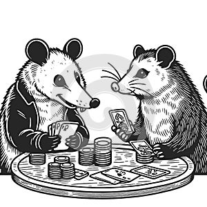 raccoon and opossum playing poker vector