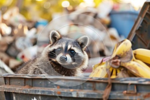 Raccoon peeking from a trash bin among discarded items