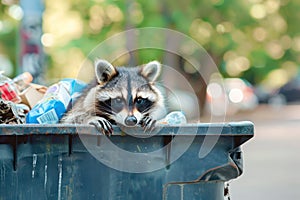 Raccoon peeking from a trash bin among discarded items