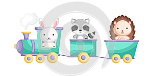 Raccoon, rabbit and hedgehog ride on train. Graphic element for childrens book, album, scrapbook, postcard or mobile game. Zoo