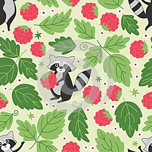 Raccoon with raspberries seamless pattern