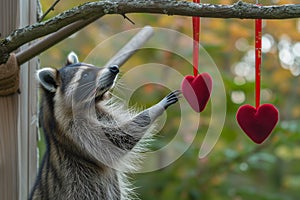 raccoon reaching for a hanging heart ornament from a tree